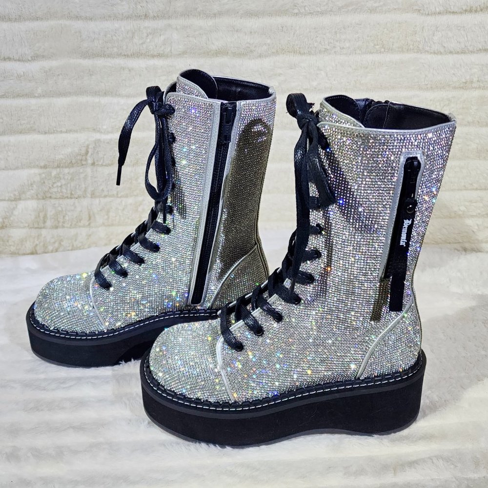 Super Sparkle Iridescent Rhinestone Platform Combat Mid Calf Boots 362 Emily - Picture 4 of 17